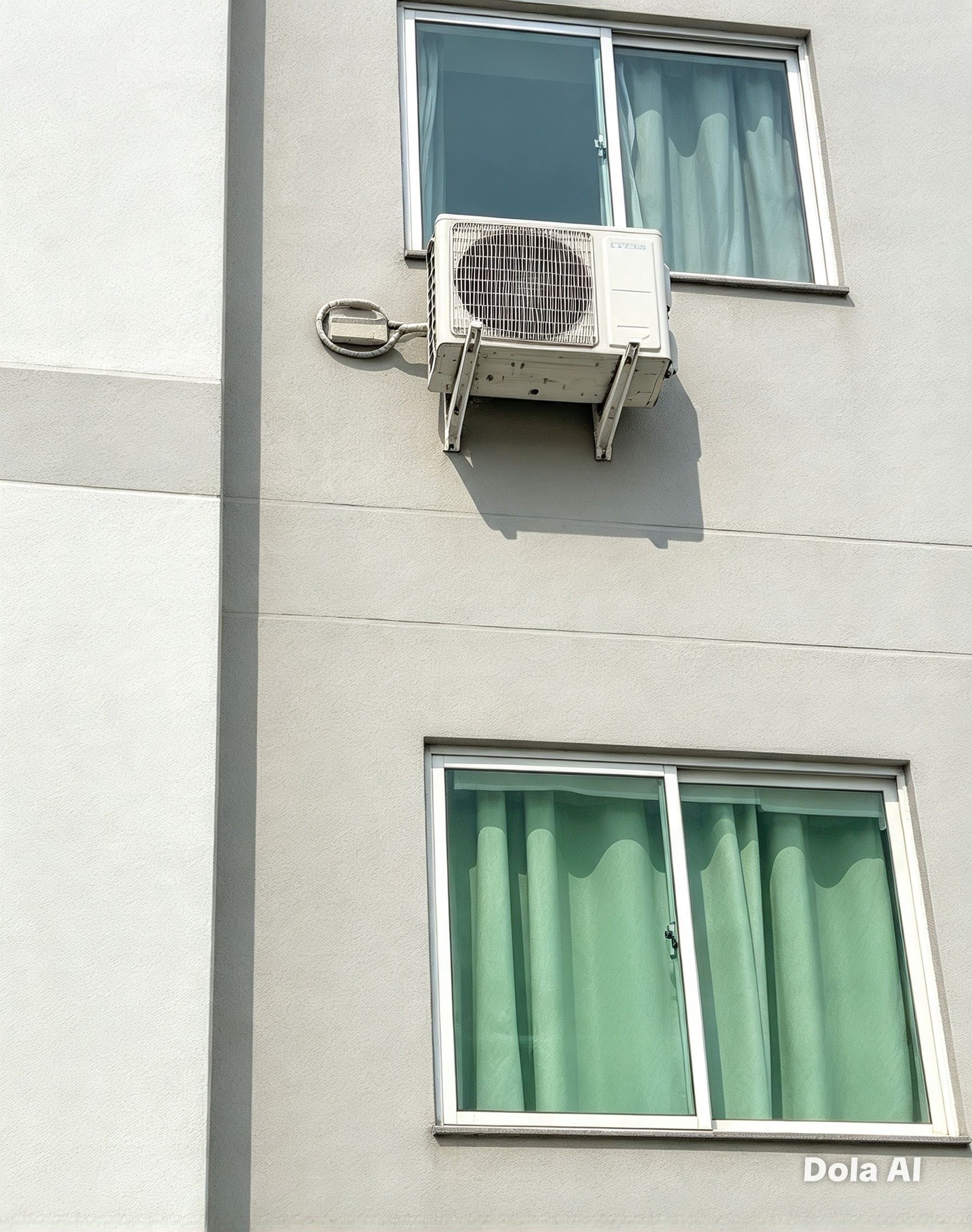 Unidade condensadora de ar-condicionado instalada com suporte na fachada de um edifício residencial